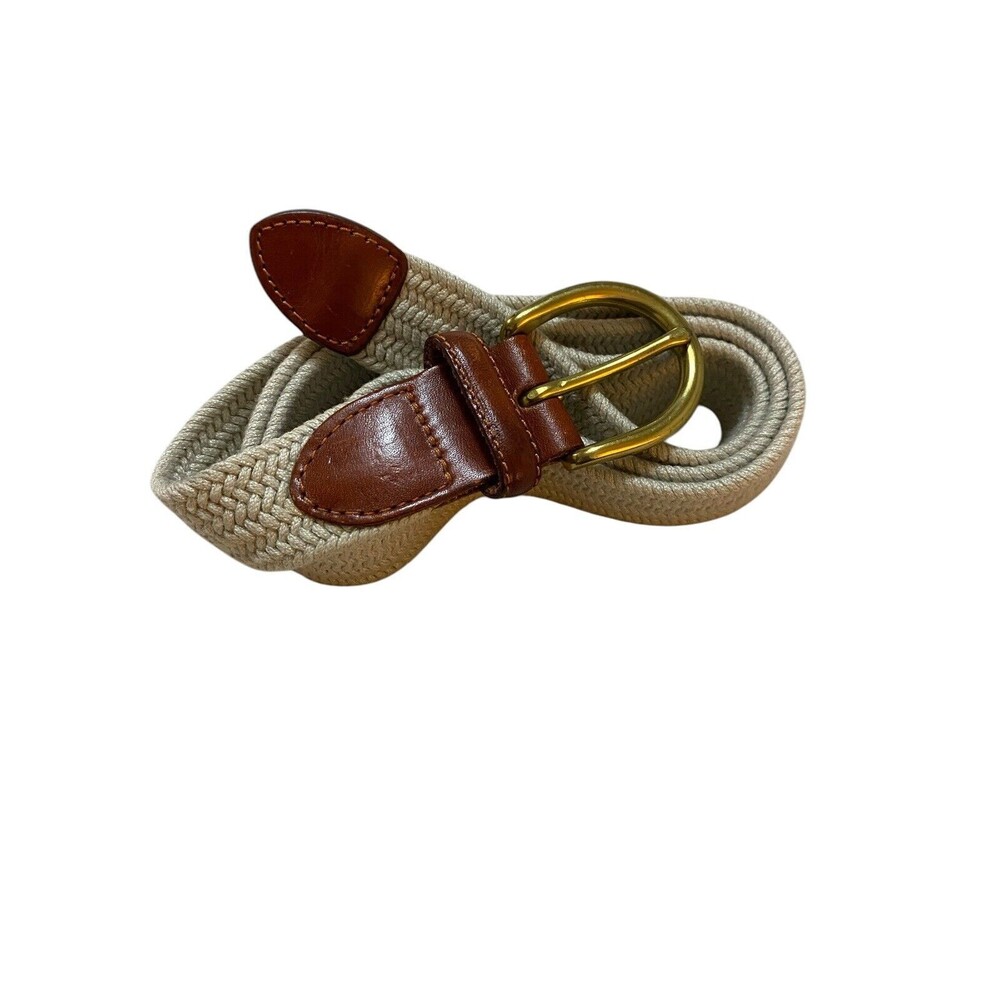 Talbots Stretch Belt With Leather Ends Brass Buckle Size M Mens Beige